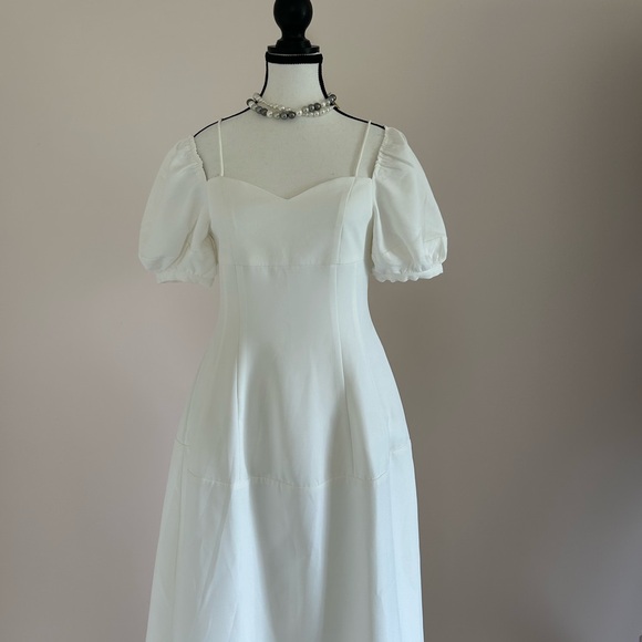 White Puff Sleeve Midi Dress with Square Neckline - Picture 8 of 16